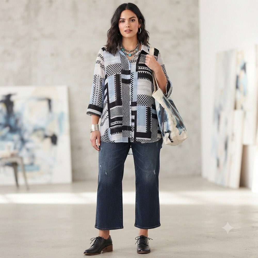 Wms Modern Chiffon Geometric Polka Dot Button Up XL Blue Black Patchwork